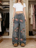 SHOPMOCHO Women's Blue Flower Baggy Jeans Y2K Japanese Harajuku High Street Aesthetic High Waist Wide Leg Retro Jeans Pants Clothing 2025