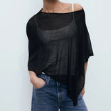 Shopmocho Summer Irregular Knitted Cover-ups Crop Tops Y2k Aesthetic Vintage Smocked T-shirt Boho Beach Vacation Going Out Pullovers Tees