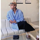 Shopmocho Men's Blue Vertical Striped Long-Sleeved Shirt, Korean Style High Quality Casual  Shirt Coat， Travel ，Hiking