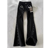 SHOPMOCHO Autumn American Retro Dark Gothic Jeans Women High-street Mid-rise Rivet-decorated Flared Pants Y2K 2000s Aesthetic Cargo Pants