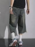 SHOPMOCHO Men's Loose Ripped Denim Jeans 7 Point Calf Length Wide Leg Trousers Distressed Holes Frayed Hem Streetwear Casual Pants