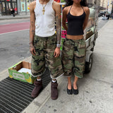 SHOPMOCHO Y2K Camo Shorts Rough Edge Tassel Camouflage Pattern Sweatshorts New Summer American High Street Streetwear Unisex Baggy Shorts