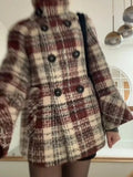 Shopmocho Warm Checkered Turtleneck Shoulder Straight Coat Women Double Breasted Full Sleeve Middle Long Coat Lady Autumn Winter Chic Coat
