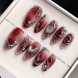 SHOPMOCHO Red Y2K Wearable Nail Art Chic Silver Butterfly Love Metal Bead Almond False Nails Detachable Finished Fake Nails Press on Nails