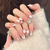 SHOPMOCHO 10pcs Handmade Press on Nails French Cat Eye Pink Bow Decor Korean False Nails Wearable Full Cover Ins Almond False Nail Tips