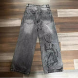 Shopmocho Mens Jeans Y2K Vintage Streetwear Black Gray Wide Leg Denim Pants Abstract Print Washed Distressed Loose Fit Dark Punk Fashion