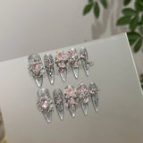SHOPMOCHO Sweet Lovely Cartoon Bear Long Coffin Stiletto Fake Nails Bowknot Pearl Diamond Flowers Cat Eyes Wearable Fake Nails