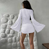 Shopmocho Sexy Women Mini Dress Flare Long Sleeve Drawstring Pleated Bodycon Casual Solid Autumn Winter Streetwear Short Dresses