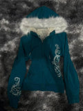 SHOPMOCHO Women Gothic Subculture Skull Embroidery Hooded Coat Winter Japanese Vintage Faux Fur Slim Jacket Grunge Punk Fashion Hoodies
