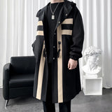 SHOPMOCHO New Trench coat Men's Windbreaker Patchwork Color Medium Long Trenchcoat Korean Fashion Covered Button Male Hooded Trench Jacket