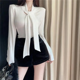 SHOPMOCHO Slim Drawstring Lacing Sexy Tops Women Clothing Spring Autumn Long Sleeve Solid Simplicity Temperament T Shirts Korean Fashion