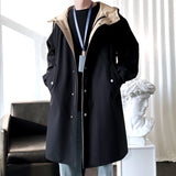 SHOPMOCHO Trench Men Fashion Turn Down Collar Hooded Trenchcoat Autumn Single-breasted Loose Windbreaker Casual Overcoat Fake Two Piece