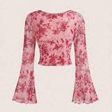 SHOPMOCHO Summer Women's Y2k Floral Printed Sweet V-Neck T-shirts Mesh Beach Party Dress Top Flare Sleeve Square Collar Lace Up Shirt 2025