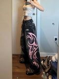 Shopmocho Y2K American Vintage Mottled Totem Print Baggy Jeans Women's High Waist Wide Leg Jeans Women's Harajuku Trendy Hip-hop Jeans