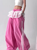 Shopmocho American retro trend patchwork lace skirt casual women's wide leg pants summer Y2K millennium fashion women's pants emo