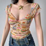 Shopmocho Women Summer New Floral Print Mesh Slim Fit Crop Top Sexy Deep Neck Short Sleeve T-Shirt Women Spicy Girl Top