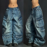 SHOPMOCHO Street Fashion New Old Washed Heavy Work Jeans Women Y2K Gothic Harajuku Hip Hop Popular Joker Couple High Waist Wide Leg Pants