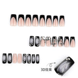 Shopmocho 24pcs Glossy Black Fake Nails For Spicy Girls Shimmery Rhinestone French Style Cross Press On Nail Mid-length Coffin Cool Nails