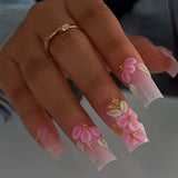 Shopmocho 24pcs Rhinestones Full Cover Nail Art Datachable Glitter French Press on Nails Tip Flower Long Square Fake Nail Pink False Nails