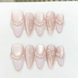 SHOPMOCHO 10pcs Purple Cat's Eye Handmade Fake Nails Tips Glitter Mid-length Oval Press on Nails Art Bow Rhinestone Design False Nail Sets