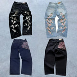 Shopmocho Harajuku Hip Hop baggy jeans Y2K goth plum blossom Embroidered high quality jeans women man American style men women street wear