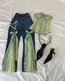 SHOPMOCHO Y2 Retro Sweet Bowknot Satin Ribbon Lace Patchwork Jeans Mid Waist Slimming Wrap Hip Bootcut Jeans Micro Elastic Denim Pants