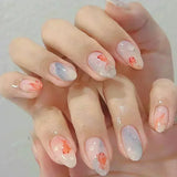 SHOPMOCHO 24Pcs Pink Almond False Nails Butterfly Ballet with French Design Wearable Fake Nails Simple Artificial Press on Nails Tips Art