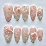 Shopmocho 24Pcs Mid-length 3D Flowers Design Fingertips Sweet Butterfly Yellow Ripple Almond False Nails Detachable Full Cover Press Ons