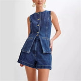 SHOPMOCHO- Summer Women's Denim Shorts Suit Sleeveless O-neck Single Breasted Split Top Vest High Waist Wide Leg Shorts 2025 Lady Sets