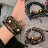 Shopmocho Handmade Hippie Design Brown Leather Bracelet Women Metal Star Note Charms Wood Button Beads Wrap Unisex Adjustable Bracelet
