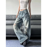 SHOPMOCHO 2025 Summer High Waist Ripped Women's Blue Jeans American Vintage Streetwear Y2K Wide Leg Jean 2000s Trouser Baggy Denim Pants