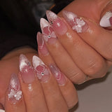 Shopmocho 24pcs Sweet False Nail Patches Detachable Fake Nail Tips With Bowknots Love Heart Pearl Design Pink Almond Korean Press On Nail