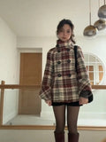 Shopmocho Warm Checkered Turtleneck Shoulder Straight Coat Women Double Breasted Full Sleeve Middle Long Coat Lady Autumn Winter Chic Coat