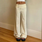 SHOPMOCHO Vintage Y2K Korean Streetwear Pants Woman Low Rise Straight Loose Beige Trousers Button Up Basic 2000S Women Casual Pants