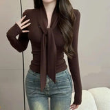 SHOPMOCHO Slim Drawstring Lacing Sexy Tops Women Clothing Spring Autumn Long Sleeve Solid Simplicity Temperament T Shirts Korean Fashion