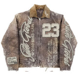 SHOPMOCHO American Retro Washed Brown Jacket Y2K Clothes Men Letter Patch Embroidery Sequins Rhinestones Design Oversized Coats Casual Top
