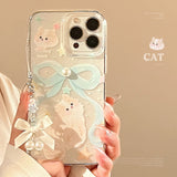 Shopmocho Cartoon Cat Case for iPhone 11 12 13 14 Plus 15 Pro MAXS Pearl Phone Case Shiny Bow Lanyard Shockproof Bumper Cover