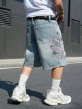 SHOPMOCHO Men's Light Blue Cherry Blossom Embroidered Denim Shorts, Loose Wide-Leg Streetwear Trendy Denim Capris