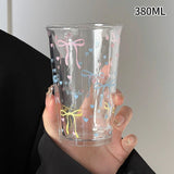 Shopmocho INS Pink Bow Glass Cups Iced Coffee Mug Clear Drinking Glasses Tumbler Milk Tea Juice Water Cup Dessert Cups Drinkware 260-380ML