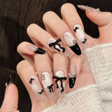 SHOPMOCHO 10pcs Handmade Press on Nails French Cat Eye Pink Bow Decor Korean False Nails Wearable Full Cover Ins Almond False Nail Tips