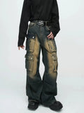 SHOPMOCHO Men Retro Mud Washed Spray Ma Liu Work Pants Neutral Baggy Wide Leg Men Jeans Street Hip Hop Multi Pocket Floor Denim Pants