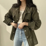 Shopmocho Retro Korean Chic Autumn Utility Jacket Waist Cinching Drawstring Slimming Women's Coat Fake Pocket Design Elegant Style