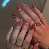 SHOPMOCHO 24PCS Simple Ins Dark Pink Blush 3D Flower Almond False Nails with Glue Leopard Print French Spice Girls Fake Nail Tips Press On