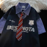 Shopmocho High Quality Cotton POLO Collar T Shirts American Oversize Baggy Short Sleeve Patchwork Pullover with Tie Student Clothes Summer