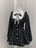 SHOPMOCHO Harajuku Sweet Bow Black Plaid Dresses All-match Slim Fit Kawaii Lolita Dress for Women Autumn New Long Sleeve Vestidos De Mujer