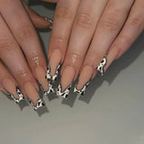Shopmocho 24Pcs Long Coffin Leopard Print False Nails with Glue Sweet Cool Diamond Fake Nail Set Floral French Press on Wearable Nail Tips