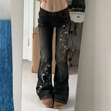 SHOPMOCHO -Floral Embroidery Jeans Vintage 2000s Low Rise Flared Jeans Women Retro y2k Baggy Denim Pants High Street Basic Trousers