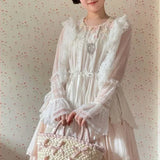 SHOPMOCHO Lolita Sweet Women Shirts Lace Mesh Harajuku Blouse Y2K Aesthetic Long Sleeve Preppy Style Female Cardigan Japanese Ruffles Tops