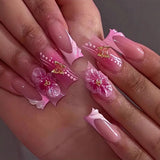 Shopmocho 24pcs Rhinestones Full Cover Nail Art Datachable Glitter French Press on Nails Tip Flower Long Square Fake Nail Pink False Nails