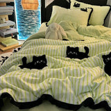 SHOPMOCHO Korean Style Bedding Set Green Strip Black Cat Embroidery Washed Cotton  Duvet Cover Cute Cardboard  Bed linen Comforter Sets